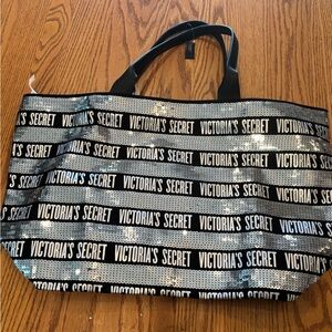Victoria's Secret Black and Silver Sequin Logo Tote